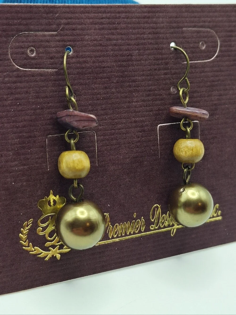 Premier Designs Bronze Pearl & Wood Bead Dangle Earrings | Boho Rustic Jewelry